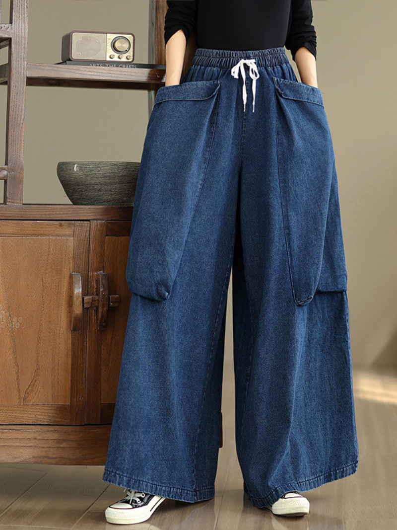 Artful Palazzo Wide-Leg Jeans in Relaxed Denim Cotton with Drawstring
