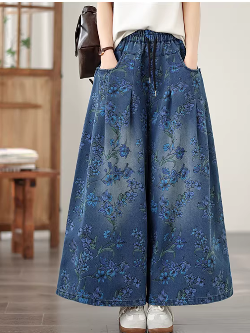 Floral Denim Cotton Wide-Leg Palazzo Pants with Drawstring Waist, Effortless Chic