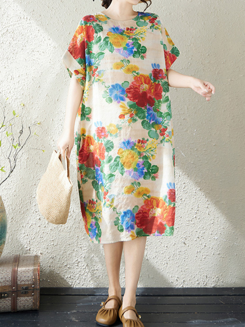 Floral Relaxed Shift Linen Dress in Airy Cotton Linen Blend