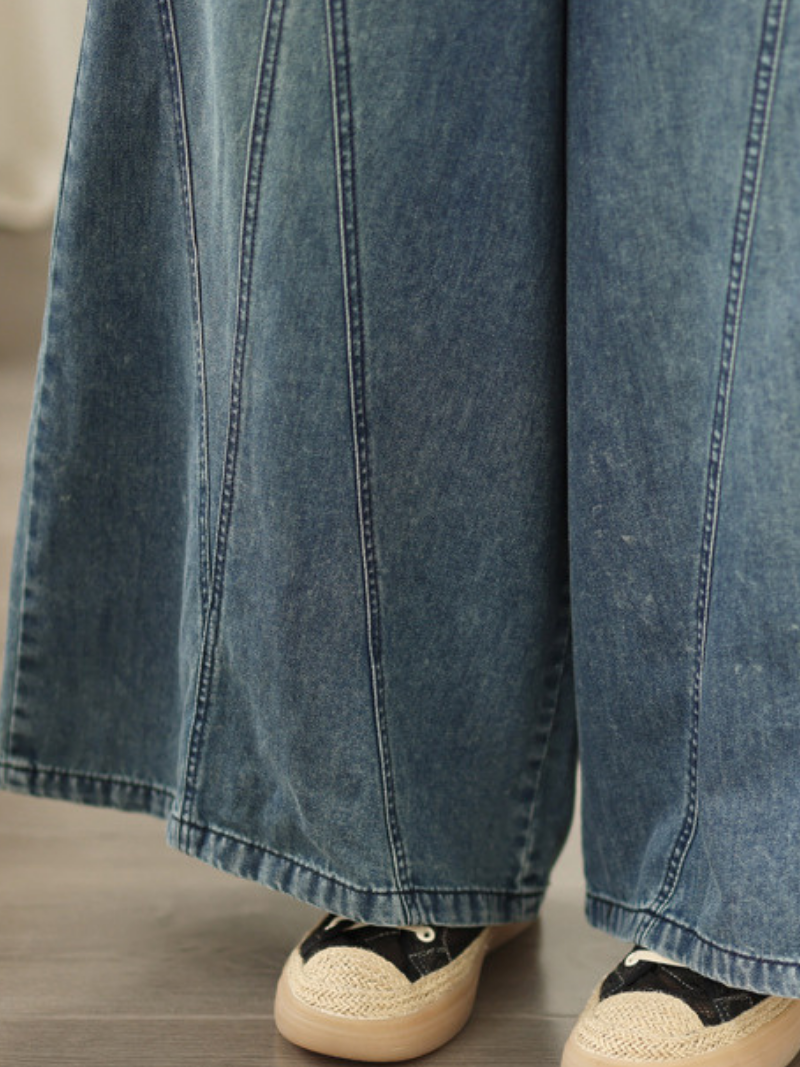 Artful Panel Wide-Leg Jeans in Soft Denim Cotton, Relaxed Palazzo Silhouette