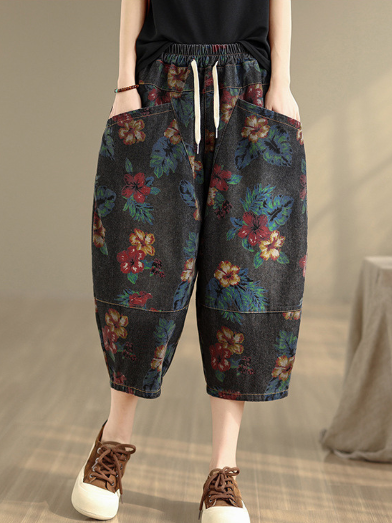 Chic Cotton Floral Harem Pants with Drawstring Waist and Oversized Pockets