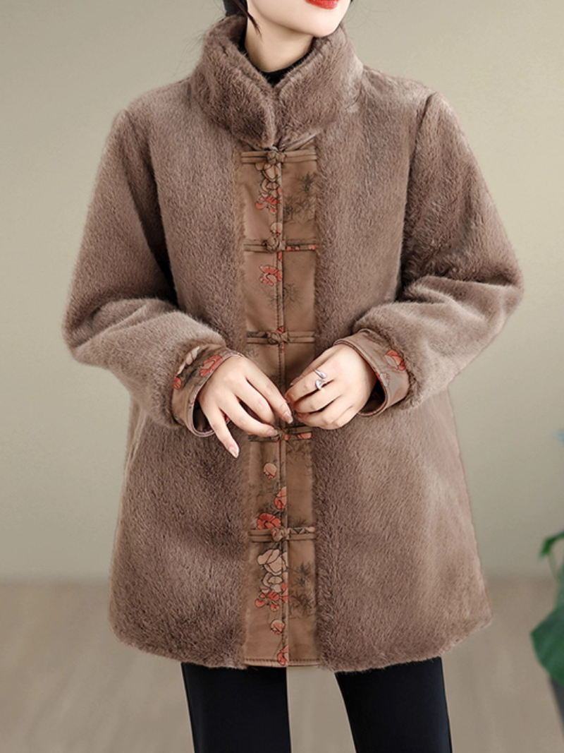 Elegant Mandarin-Collar Faux Fur Winter Coat in Imitation Mink Velvet