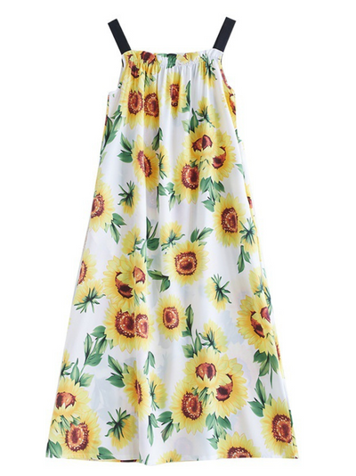 Women's Soft & Charm Loose Sleeveless Sunflower Print Salopette Dress