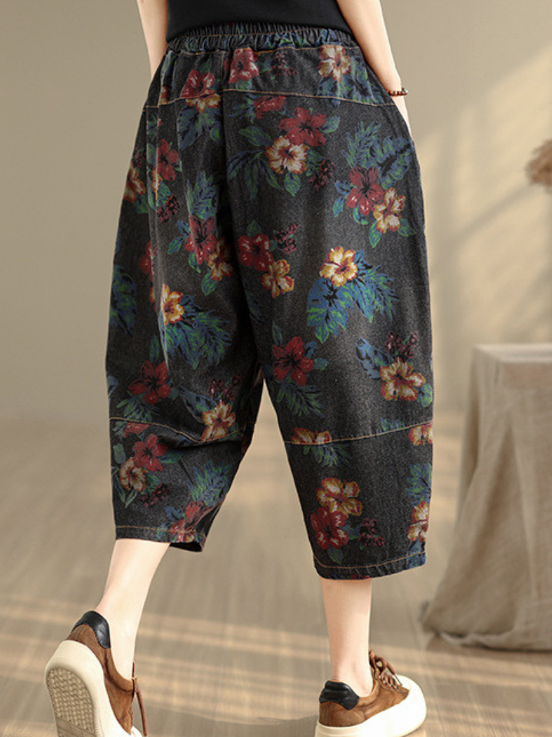 Chic Cotton Floral Harem Pants with Drawstring Waist and Oversized Pockets