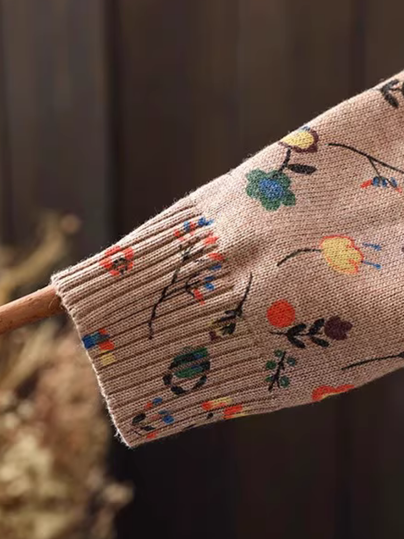 Ditsy Floral Pintuck Knit Sweater Dress, Mock Neck Cotton Blend Elegance