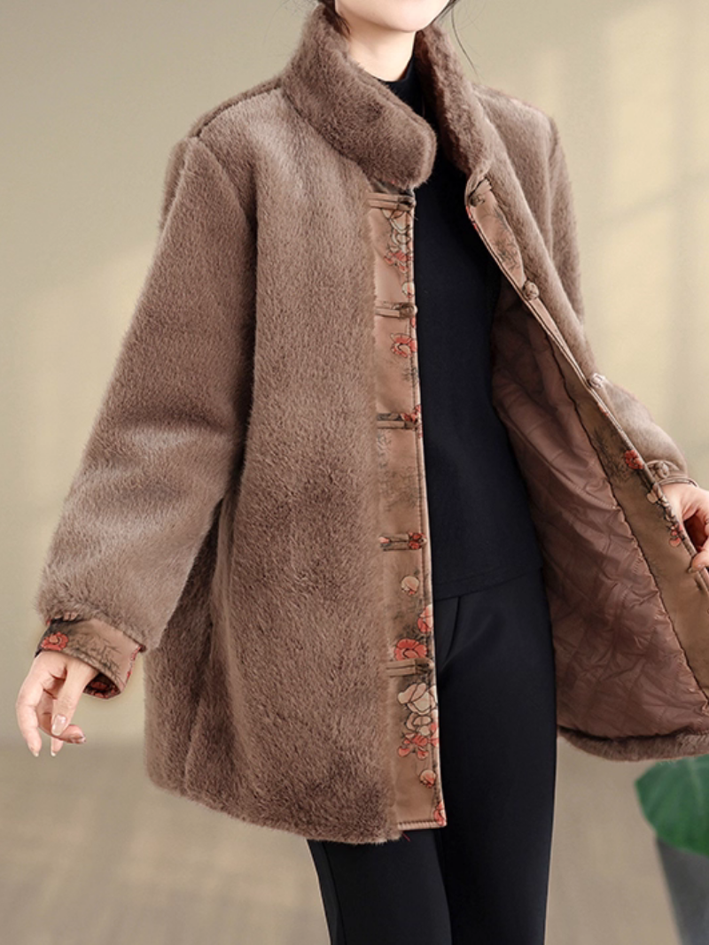 Elegant Mandarin-Collar Faux Fur Winter Coat in Imitation Mink Velvet