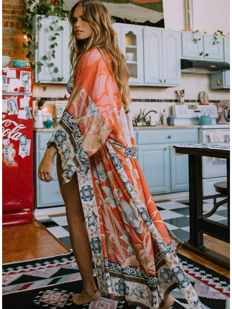 Partywear Floral Print Long Length Orange Color Cotton Gown Robe Kimono