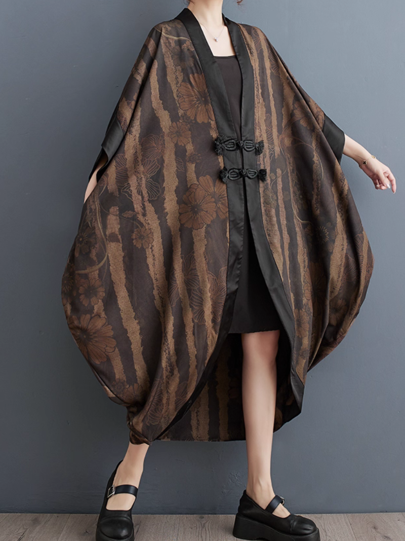 Artisanal Kimono Coat with Frog Closures, Oversized Cocoon Silhouette, Elegant Draped Layers