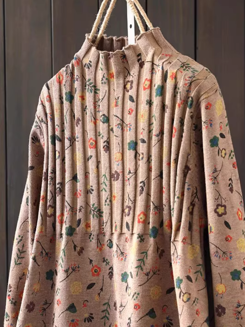 Ditsy Floral Pintuck Knit Sweater Dress, Mock Neck Cotton Blend Elegance