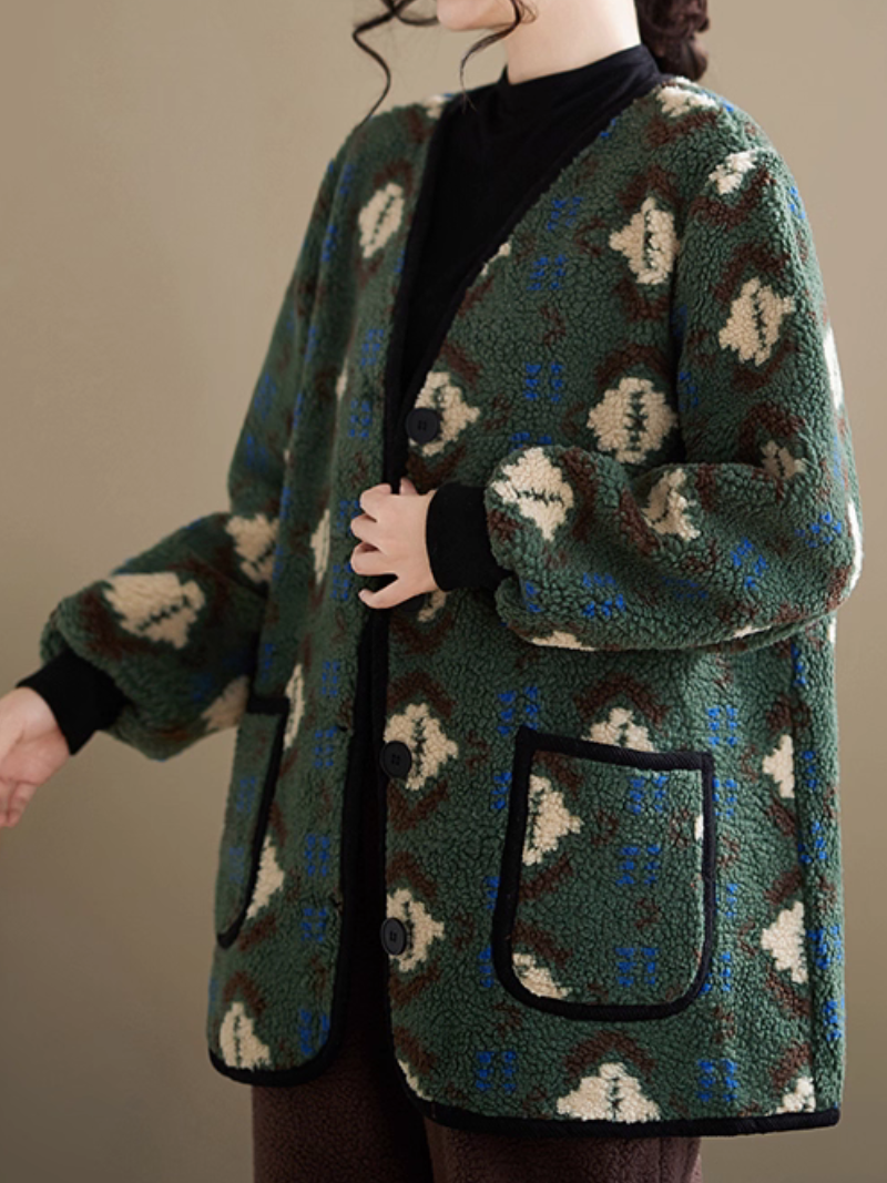 Artful Sherpa Fleece Coatigan, Oversized Buttoned Jacket with Patch Pockets