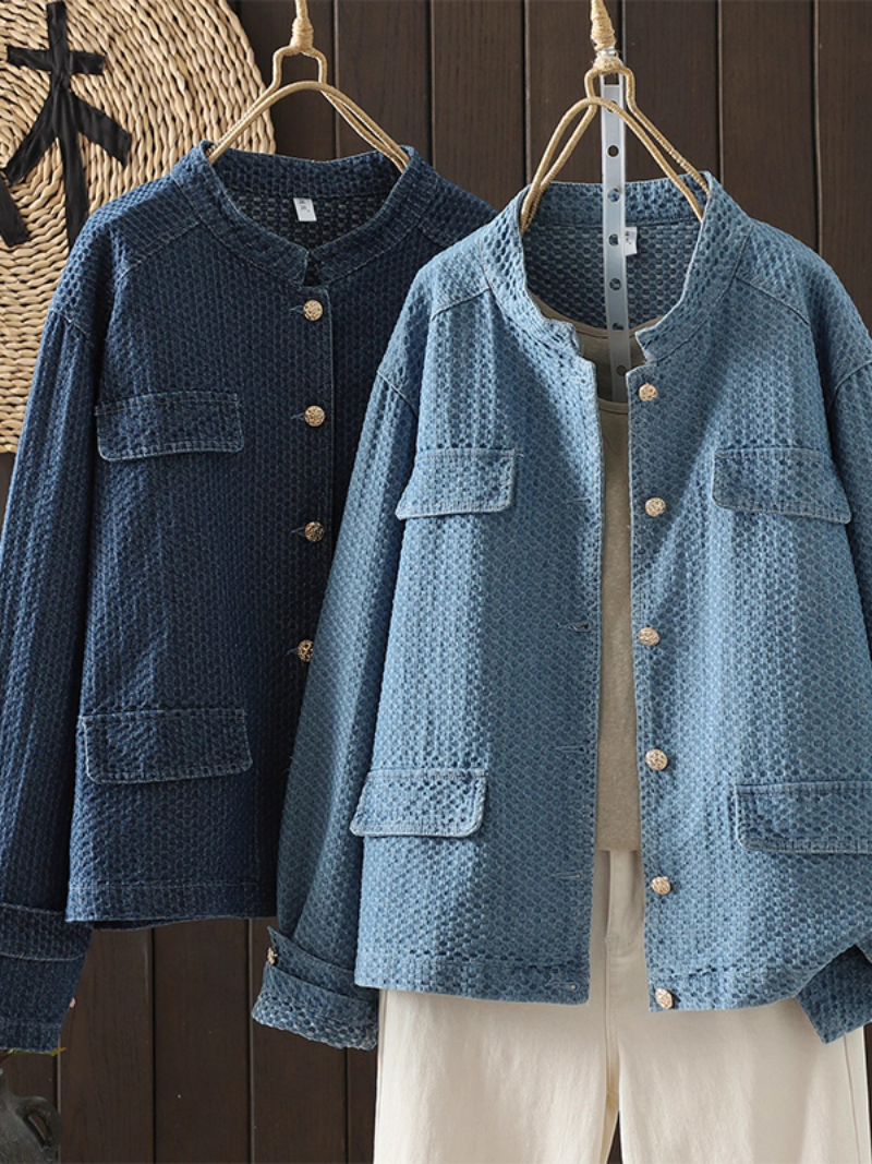 Textured Denim Cotton Women’s Denim Jacket with Gold Buttons, Relaxed Shacket