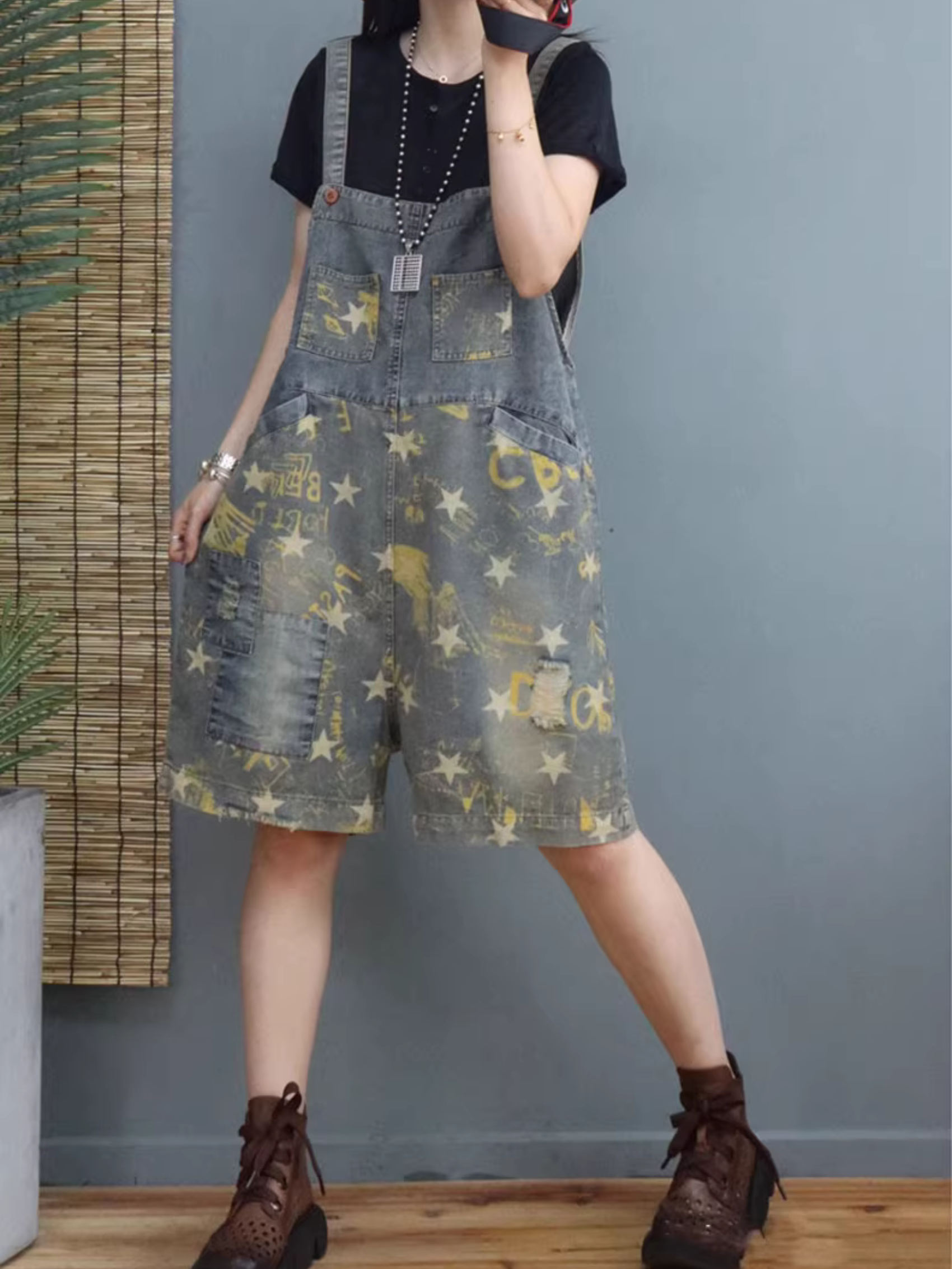 Women's Vintage Stylish Printed Star Bib's Dungarees