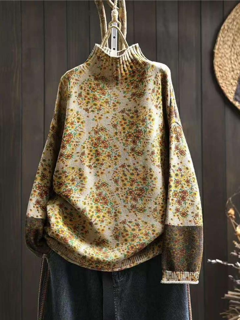 Women’s Floral Print Half Turtle Neck Knit Sweater