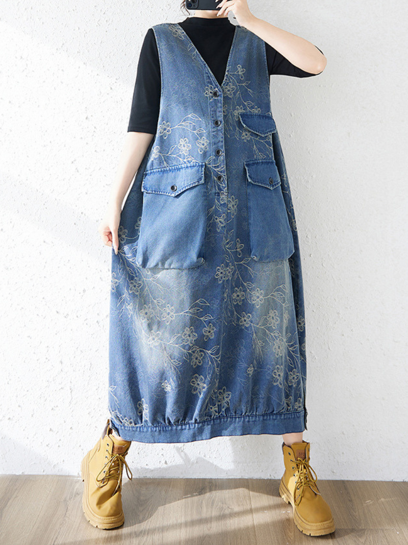 Floral Patchwork Denim Dress Pinafore Maxi with Oversized Pockets, Effortless Poise