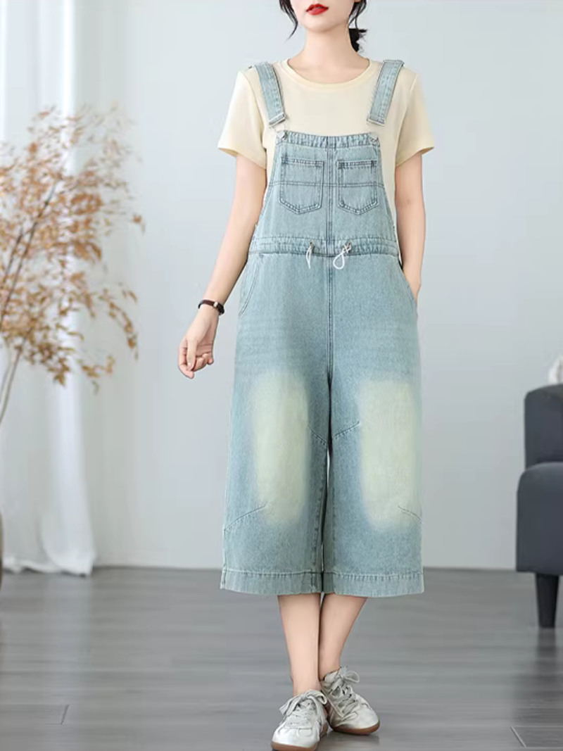 Relaxed Culotte Denim Overalls with Adjustable Straps in Soft Cotton