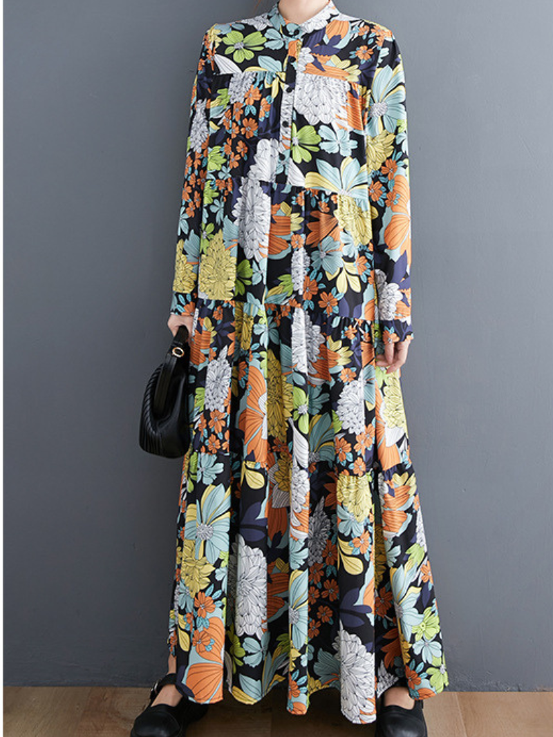 Vintage Floral Tiered Maxi Dress in Soft Polyester, Effortless Elegance
