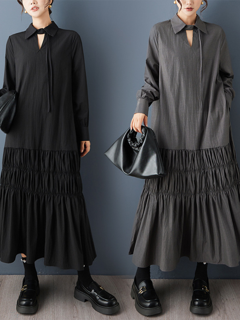 Chic Collared Tiered Maxi Dress with Tie Neck and Ruched Hem