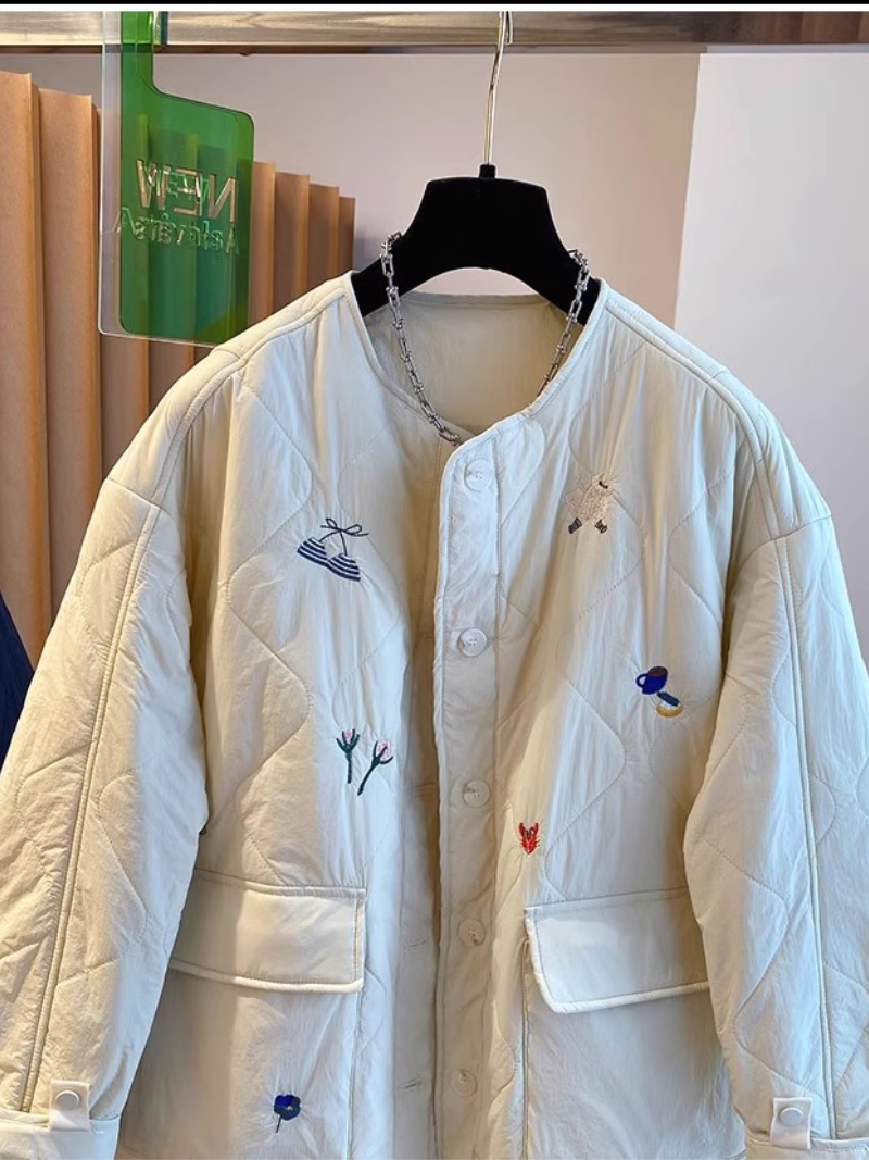 Chic Quilted Jacket, Embroidered Oversized Silhouette with Patch Pockets, Cotton-Poly