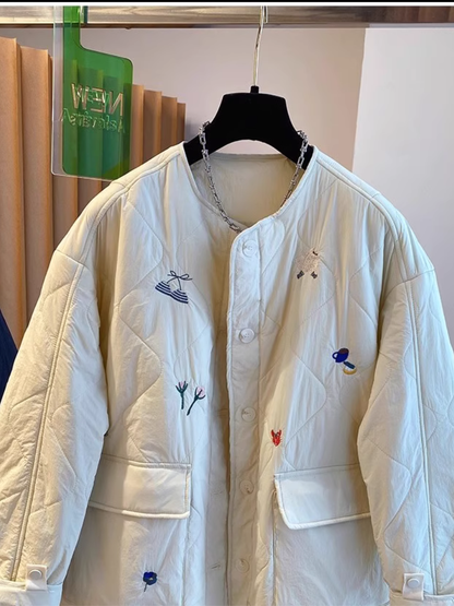 Chic Quilted Jacket, Embroidered Oversized Silhouette with Patch Pockets, Cotton-Poly