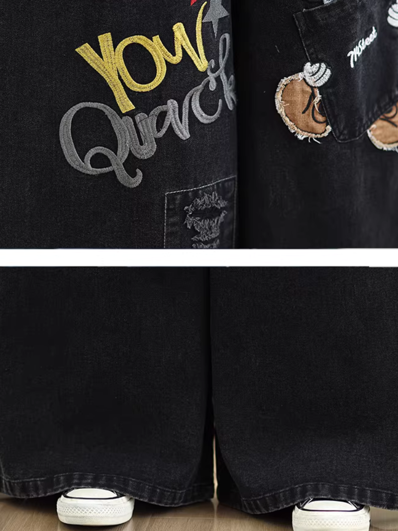 Artful Wide-Leg Jeans in Denim Cotton with Playful Patchwork Details