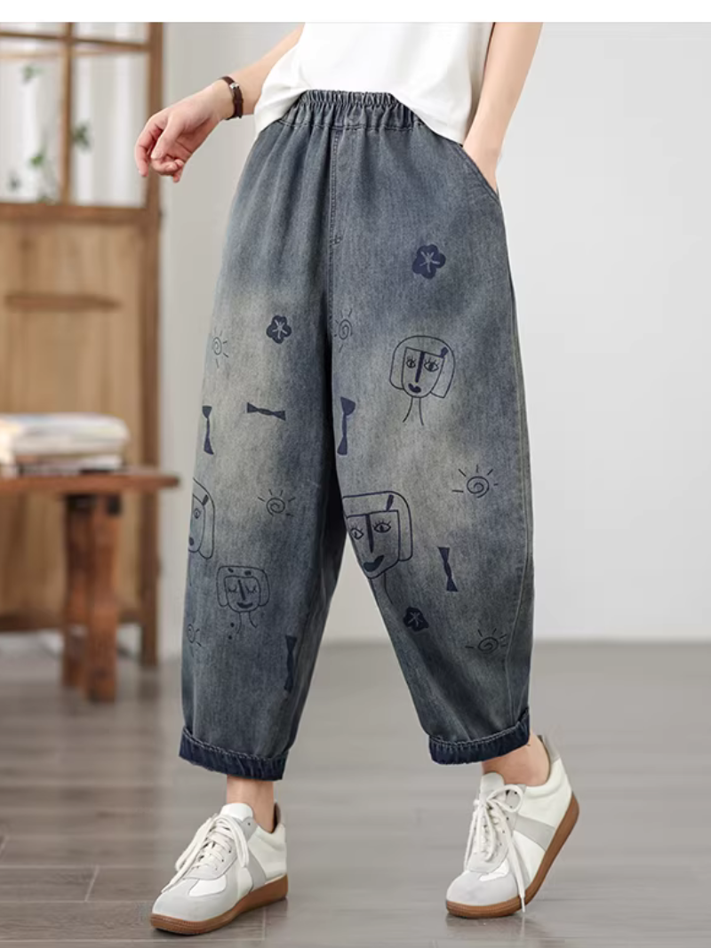Artful Doodle Denim Cotton Tapered Pants, Relaxed Casual Women’s Jeans