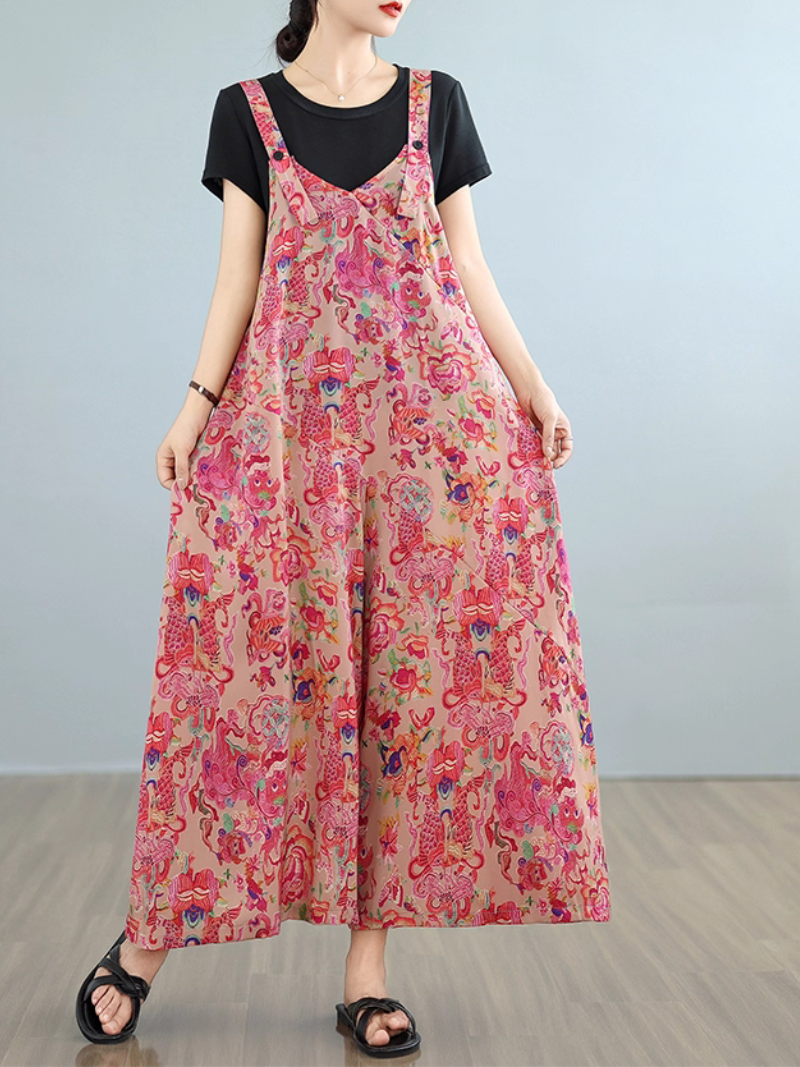 Women’s vintage fashion jumpsuit, plus-size floral dungaree with soft cotton fabric and comfortable fit