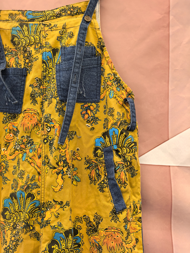 Boho Vintage Print Dungarees with Denim Panels - Cropped Loose Overalls