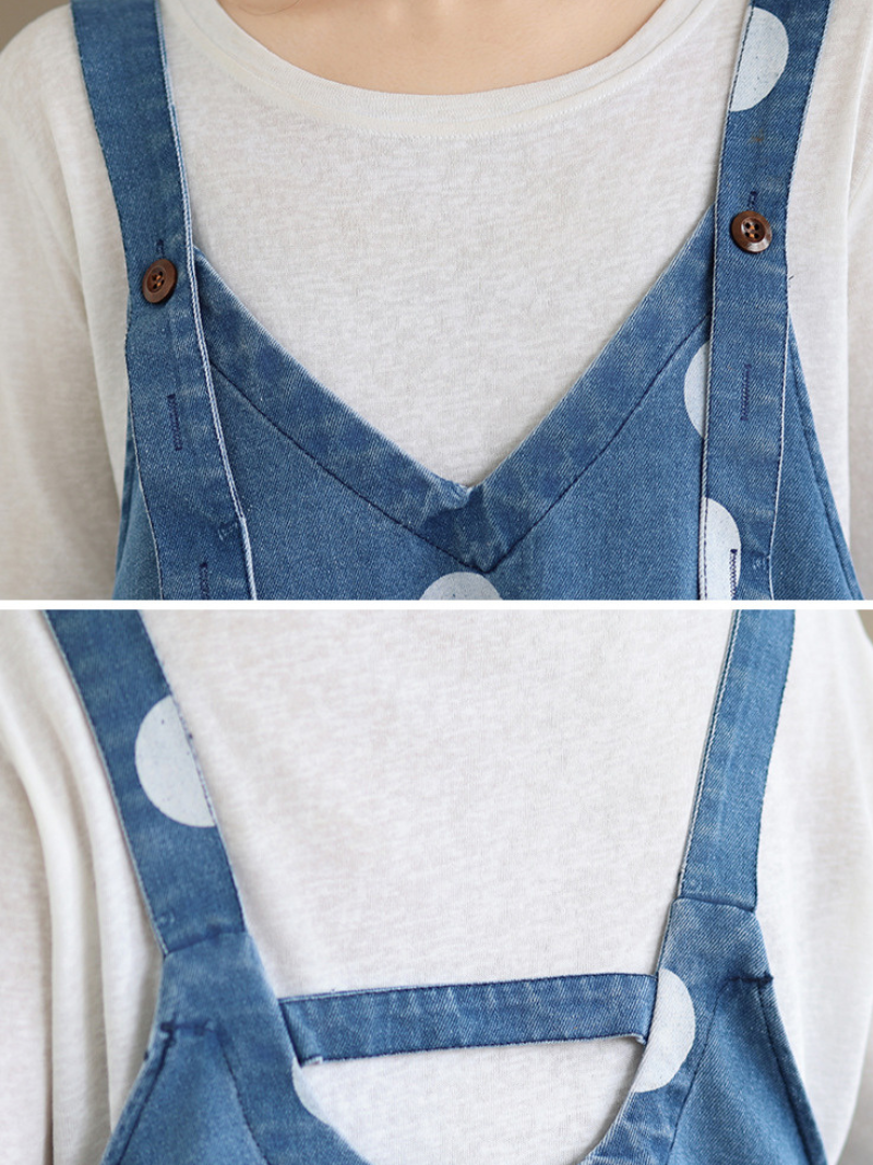 Polka Dot Denim Dress in Cotton, Relaxed A-Line Pinafore Midi