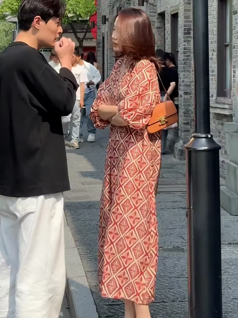 Boho Maxi Dress with V-Neck and Billowed Sleeves in Viscose Rayon