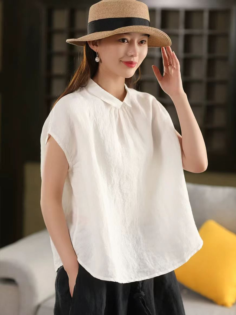 Women’s Ramie Collar Shirt Top Loose Fit Casual Wear