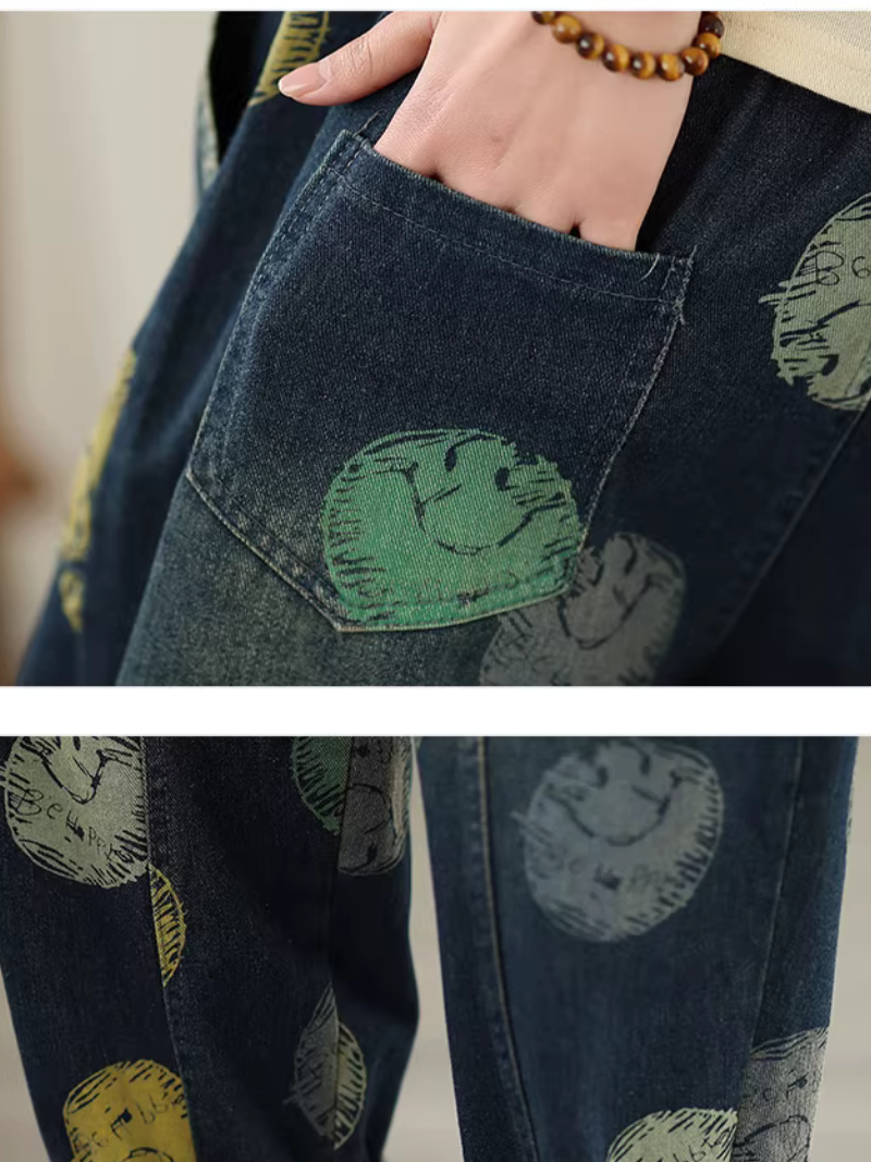 Artful Relaxed Drawstring Denim Cotton Pants, Women’s Baggy Jeans with Tapered Cuff