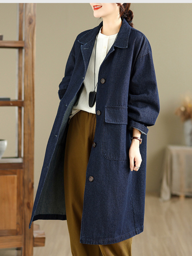 Artfully Relaxed Long Denim Cotton Coat with Notched Collar, Patch Pockets