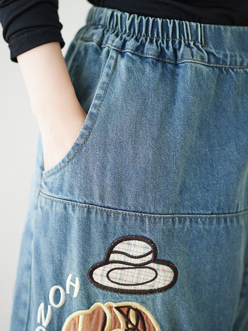 Stilvolle Jeans mit Cartoon-Stickerei für Damen mit lockerer Hose