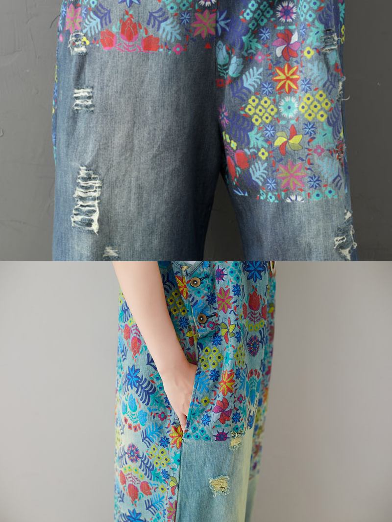 Jeans imprimés de vêtements pour femmes trous blancs larges salopettes de jambe