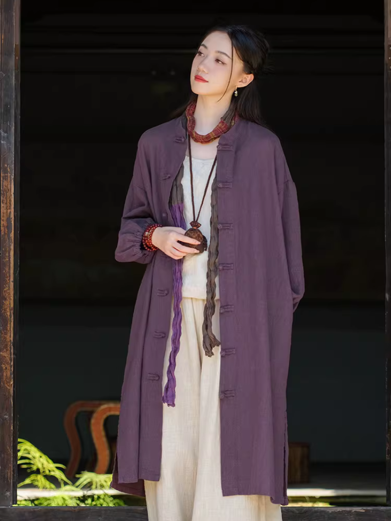 Chic Cotton Linen Mandarin-Collar Duster Coat with Frog Closures, Timeless Elegance