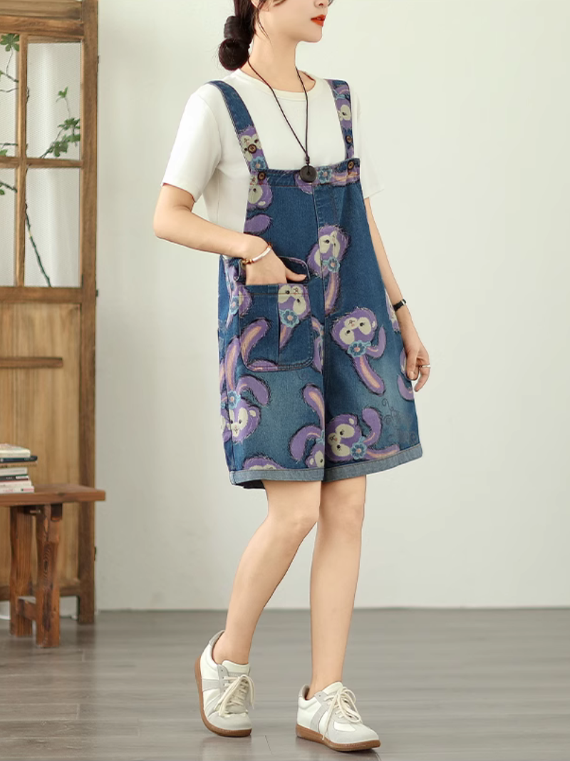 Cartoon Style Printed Denim Short Overalls for Women | Eva Trends