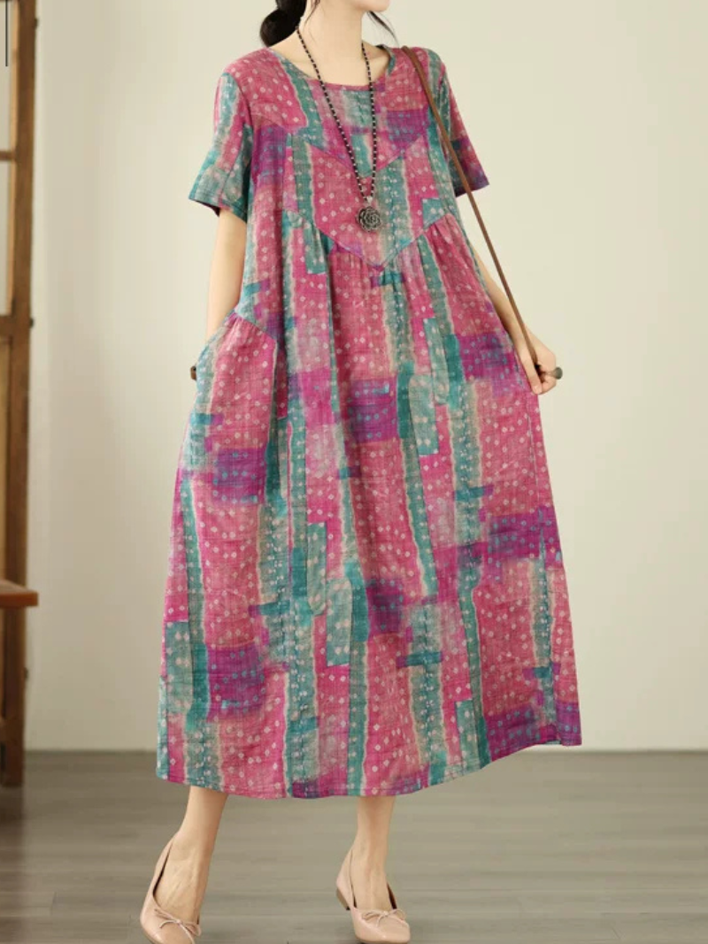 Artisanal Boho Midi Dress in Cotton Linen Blend, Relaxed Painterly Print