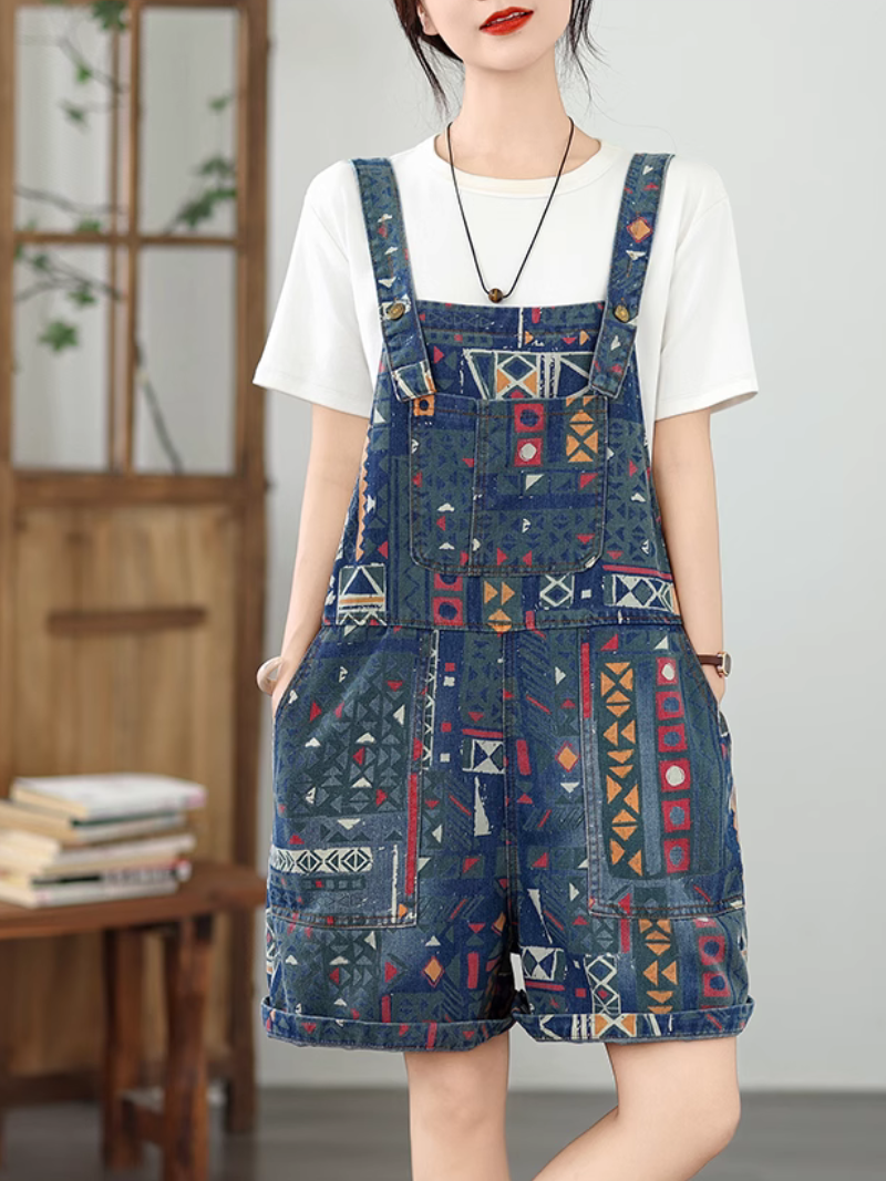 Women's Retro Style Printed Denim Bib's Short Overall Dungaree