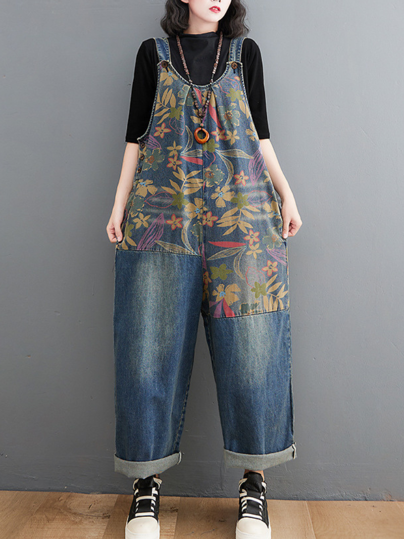 Women's Wide Leg Pant Loose Flowers Printed Overall Dungarees