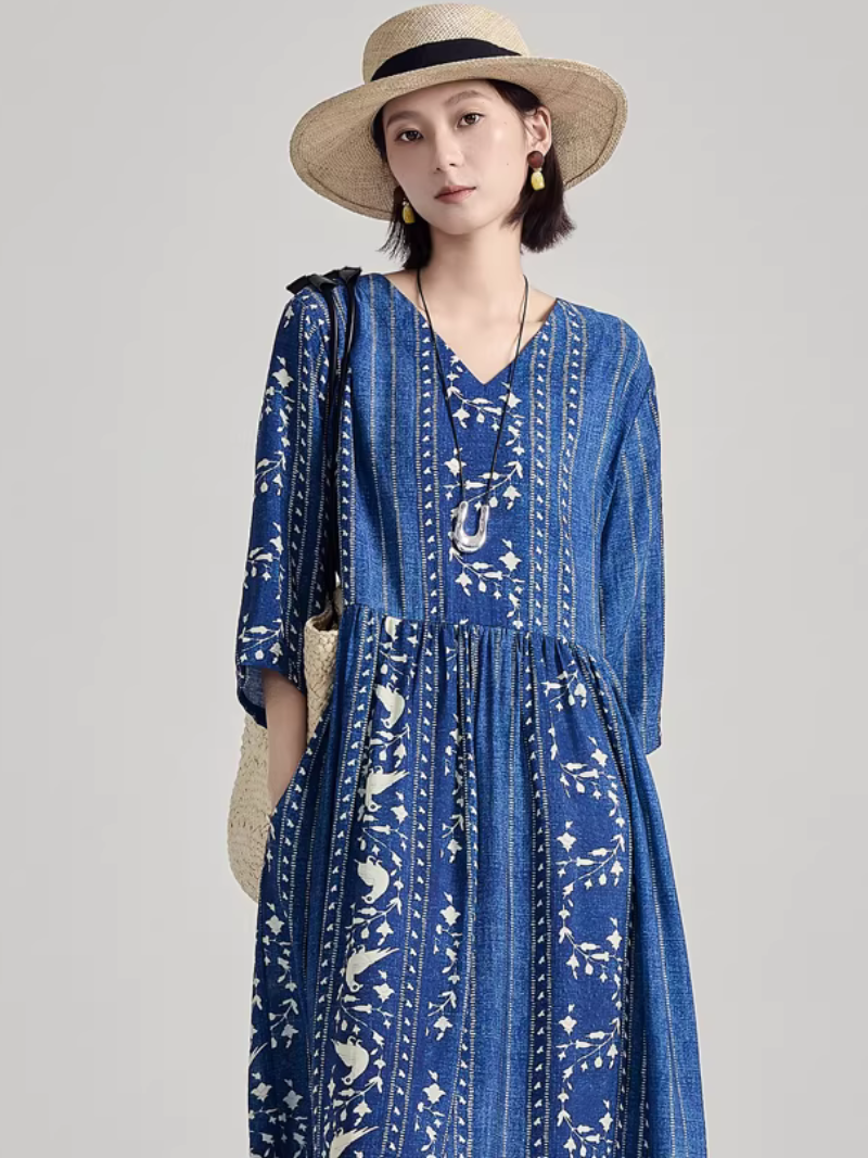 Artisanal Stripe Print V-Neck Maxi Dress in Luxe Nylon-Cotton Blend