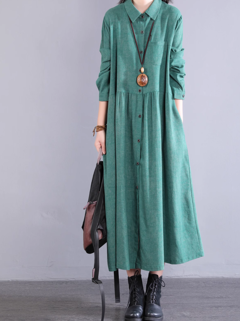 Robe chemise en coton coupe trapèze avec poches, midi à col 