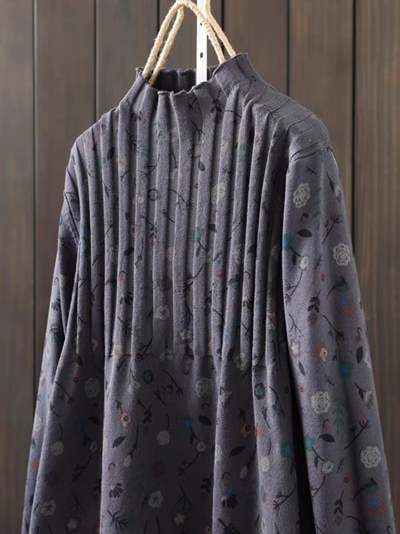 Ditsy Floral Pintuck Knit Sweater Dress, Mock Neck Cotton Blend Elegance