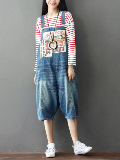 Women's Short Patch Denim Overalls