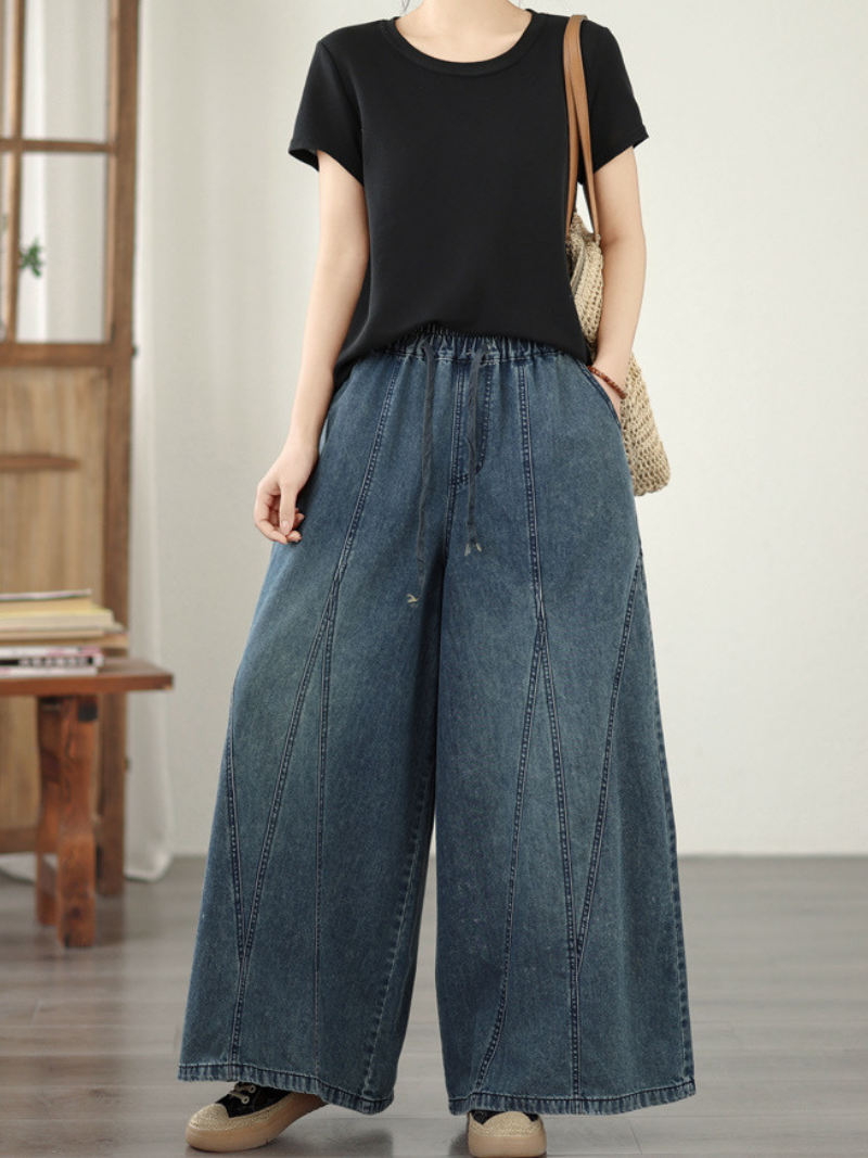 Artful Panel Wide-Leg Jeans in Soft Denim Cotton, Relaxed Palazzo Silhouette