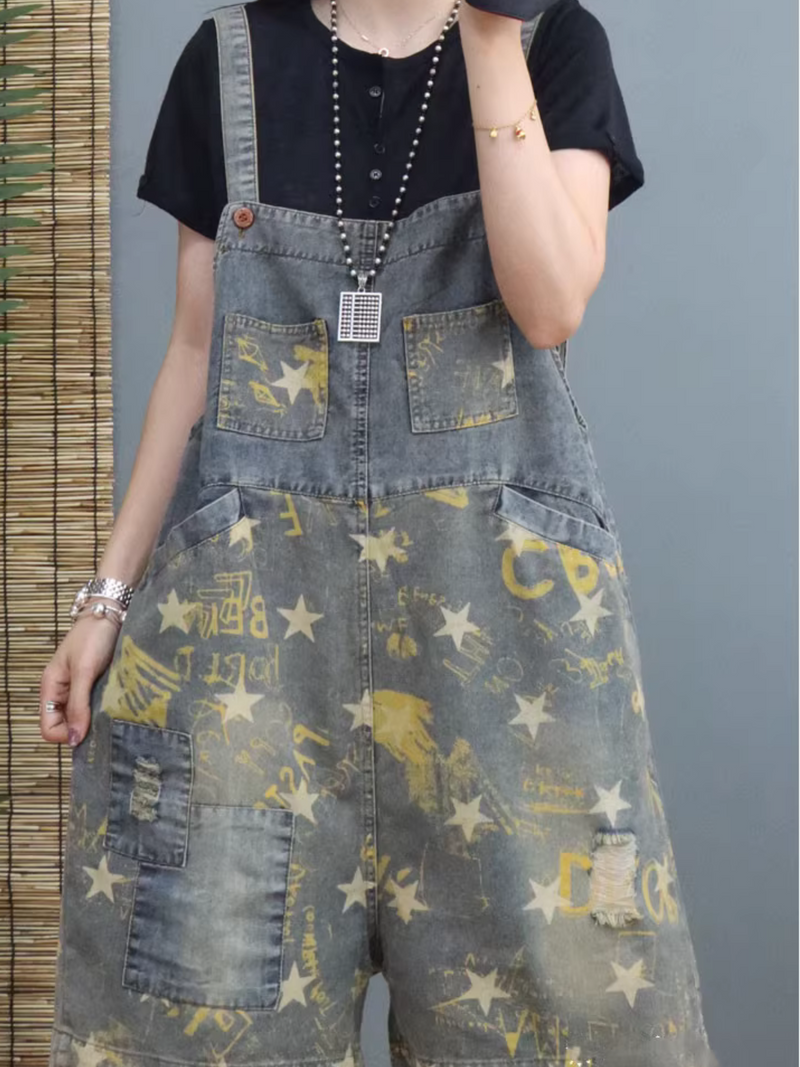 Women's Vintage Stylish Printed Star Bib's Dungarees