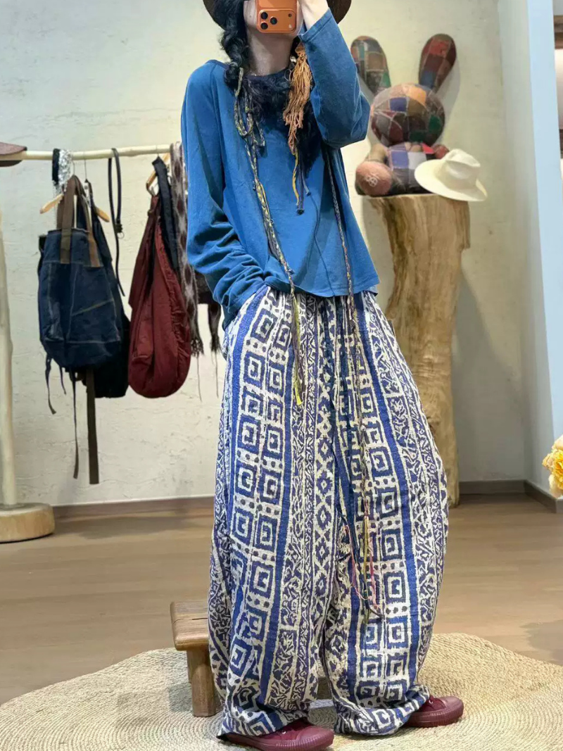 Easygoing Weekend Wide-Leg Pants — Artisanal Print in Cotton Linen Comfort