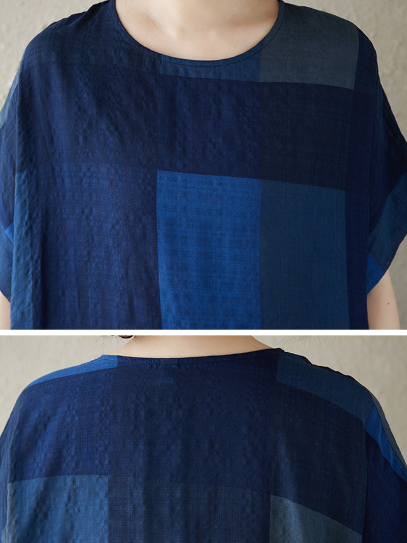 Artful Patchwork Linen Dress in Relaxed Midi Silhouette with Pockets