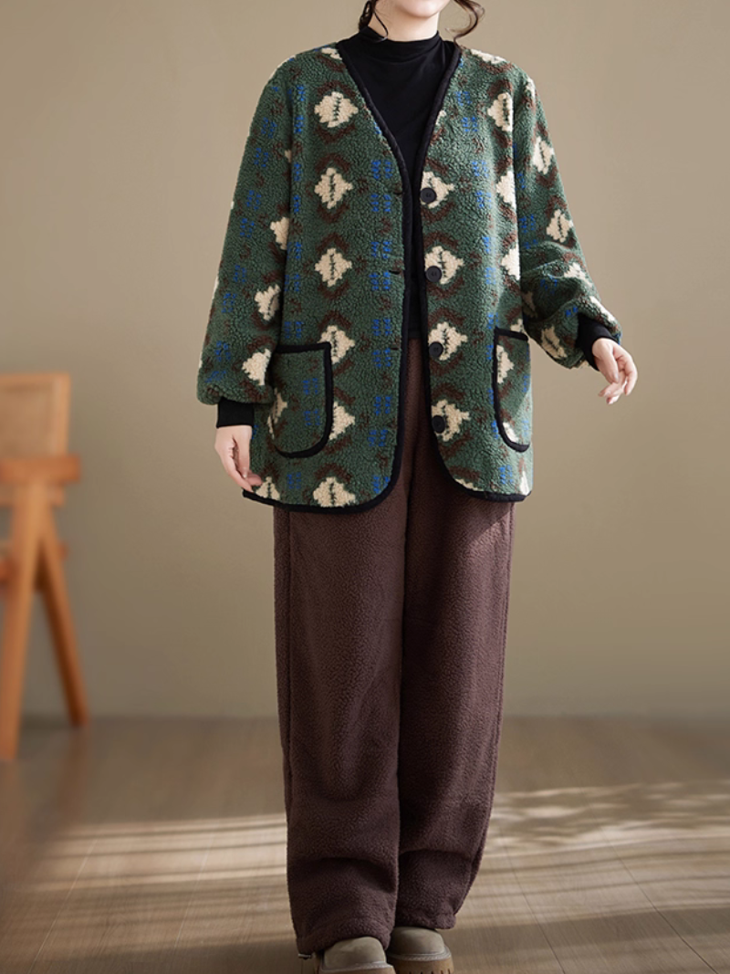 Artful Sherpa Fleece Coatigan, Oversized Buttoned Jacket with Patch Pockets