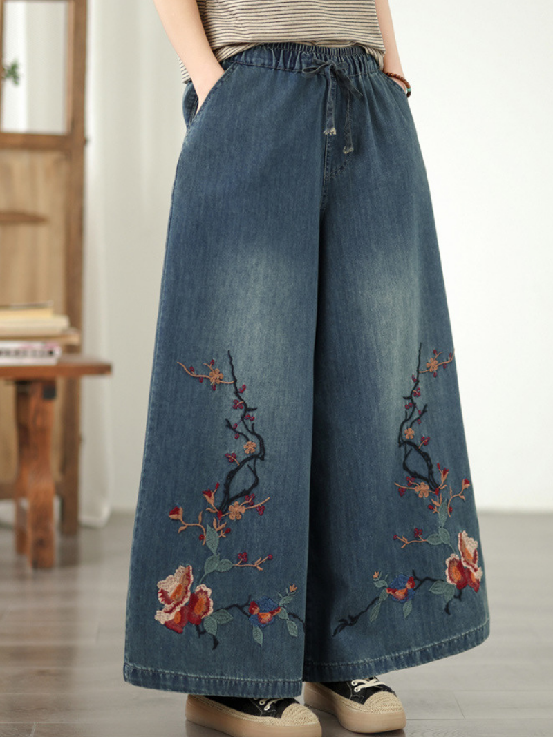 Embroidered Denim Cotton Wide-Leg Palazzo Pants for Effortless Chic Style