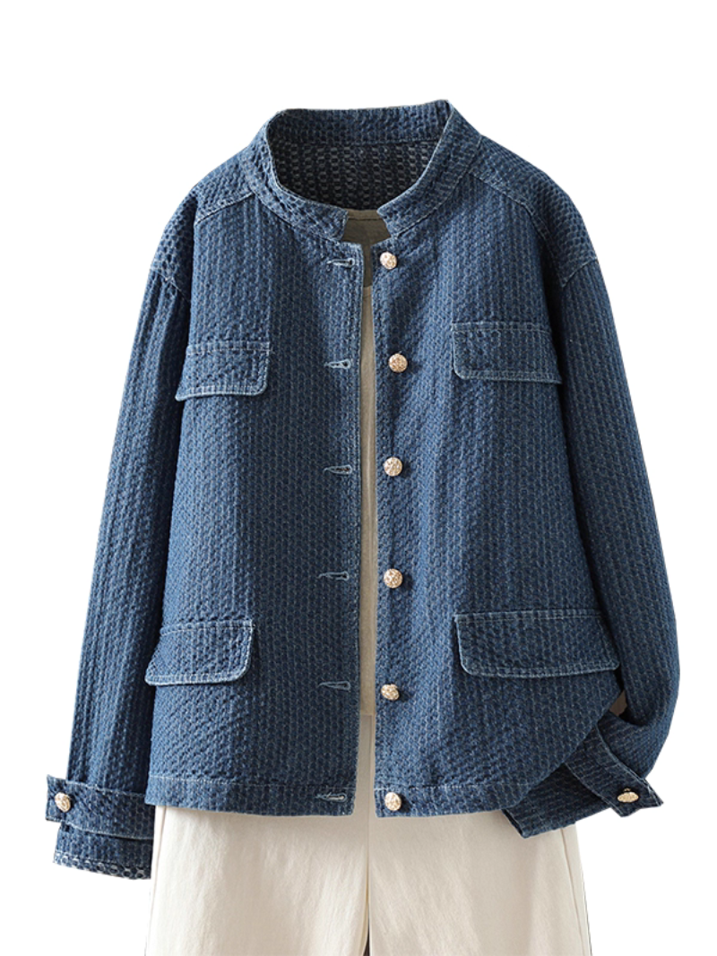 Textured Denim Cotton Women’s Denim Jacket with Gold Buttons, Relaxed Shacket